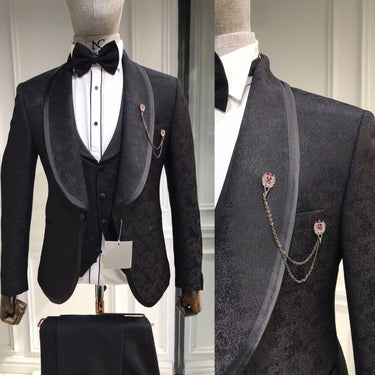 Three Pieces Tuxedo Suit with Black satin tapered Lapel, matching bow tie and Black Pants.
