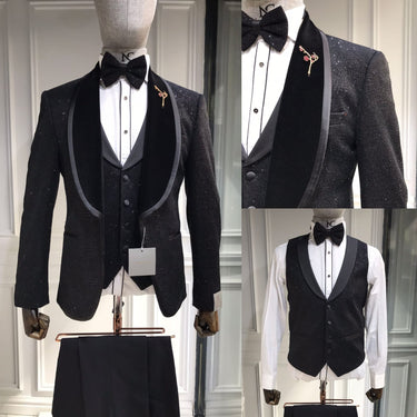 Three Pieces Tuxedo Suit with Contrasting Black Satin Lapel, matching bow tie and Black Pants