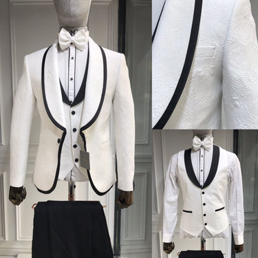 Three Pieces Tuxedo Suit with Contrasting Black tapered Lapel, matching bow tie and Black Pants.