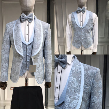 Tuxedo Suit with Contrasting light blue Lapel and Black Pants