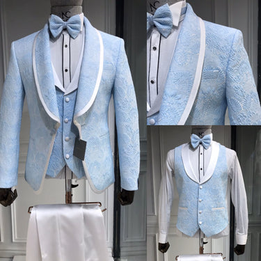Three Piece Tuxedo Suit with Contrasting White Lapel and White Pants