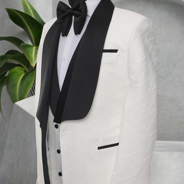 Three Pieces Tuxedo Suit with Contrasting Black Satin Lapel, matching bow tie and Black slacks