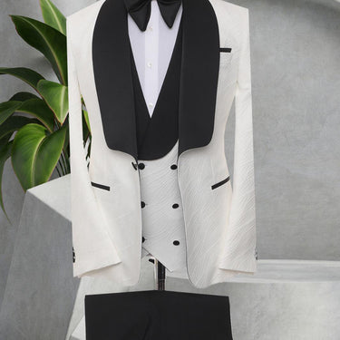 Three Pieces Tuxedo Suit with Contrasting Black Satin Lapel, matching bow tie and Black slacks